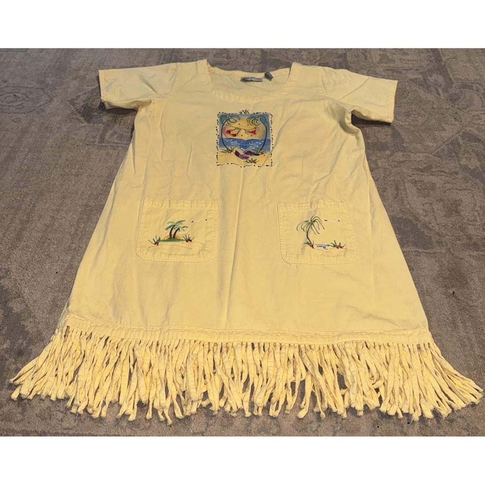 Vintage Shirt‎ Dress Womens Sz Large Yellow Beach Fringe Short Sleeve